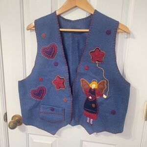 Womens Angel Appliqued Felt  Vest Size Medium Large Country Hearts